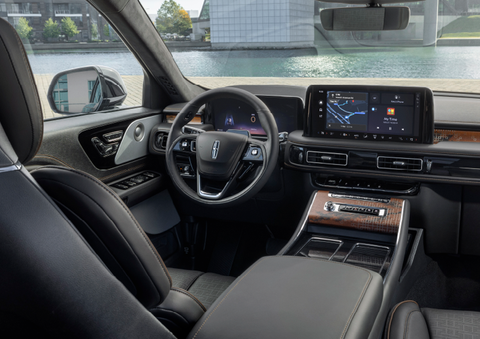 The interior of the 2025 Lincoln Aviator® SUV is shown parked with a view of a harbor through the windshield. | West Point Lincoln of Sugar Land in Houston TX