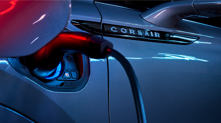 A charger plugged into the charging port of a 2025 Lincoln Corsair® Plug-in Hybrid model. | West Point Lincoln of Sugar Land in Houston TX