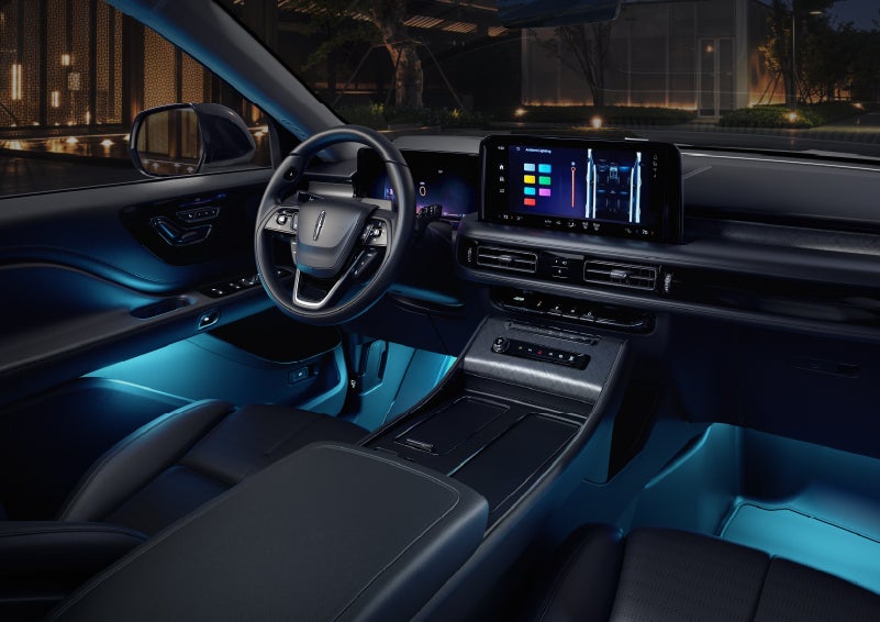 Deep blue ambient lighting glows from various places within a 2026 Lincoln Aviator® SUV. | West Point Lincoln of Sugar Land in Houston TX